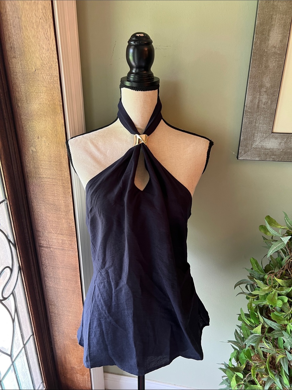 Peach Navy Halter Top with Gold Ring Detail